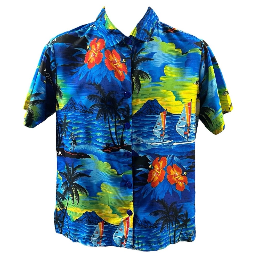 La Leela Shirt Small Blue Multicolor Hawaiian Palm Tree Miami Tropical Aloha - Picture 2 of 10